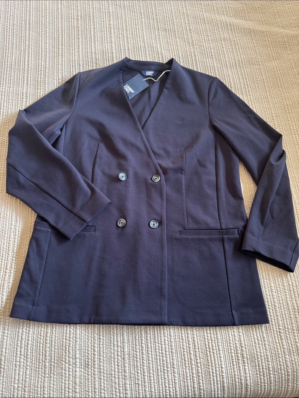 Lands' End Navy Double-Breasted V-Neck Jacket M/P 10-12